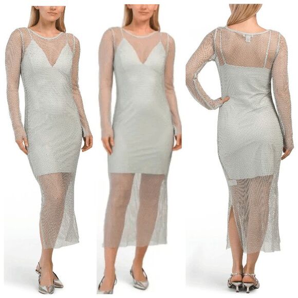 ✨💎 NWT HOUSE OF HARLOW 1960 Long Sleeve Mesh Crystal Rhinestone Maxi Dress Sz S - Picture 3 of 11